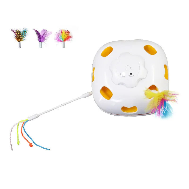 Cat self-hi teaser wand toy with colourful feathers and plastic handle