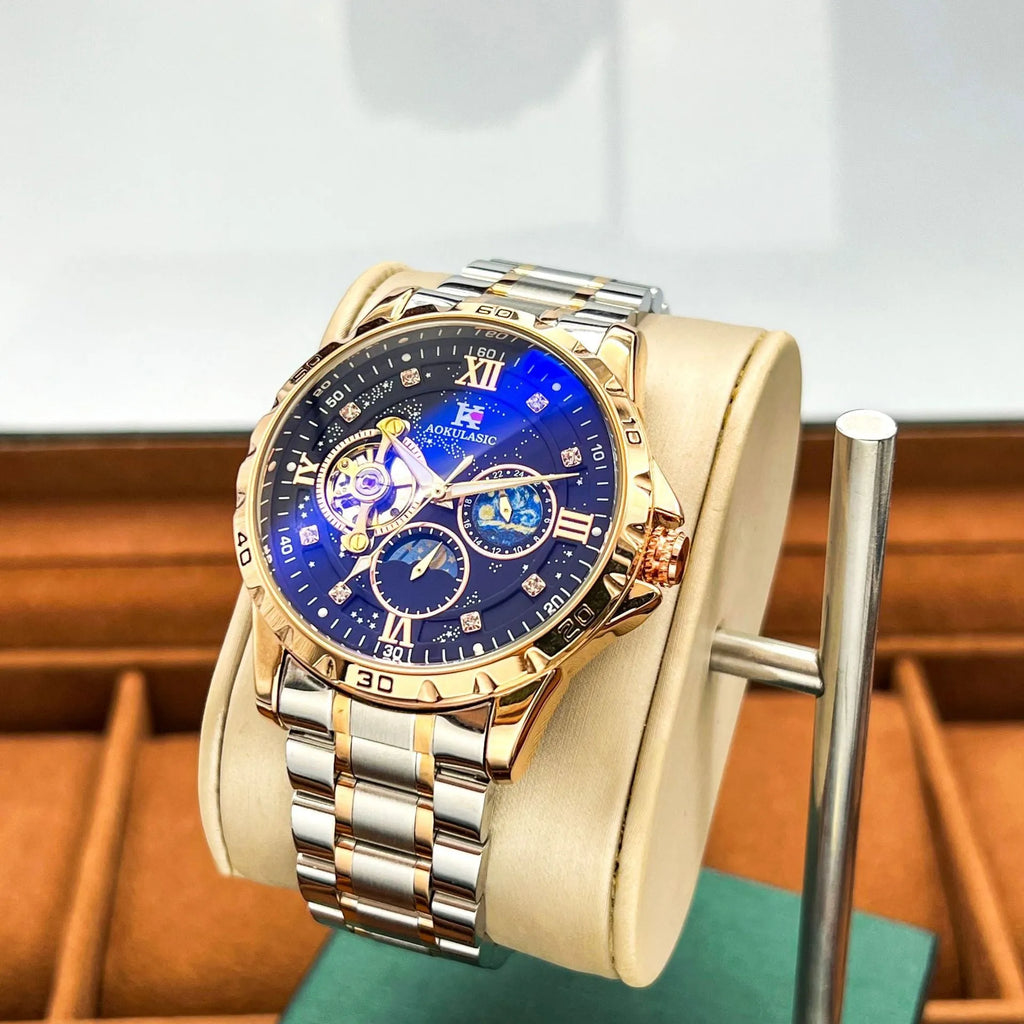Men's automatic mechanical watch with rose gold case and black dial, 12mm thickness