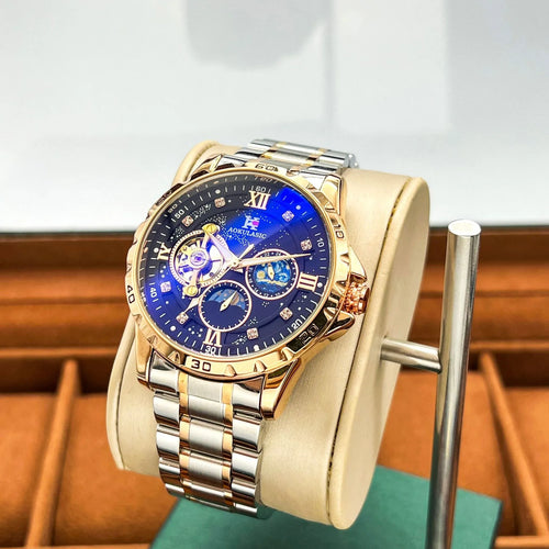 Men's automatic mechanical watch with rose gold case and black dial, 12mm thickness
