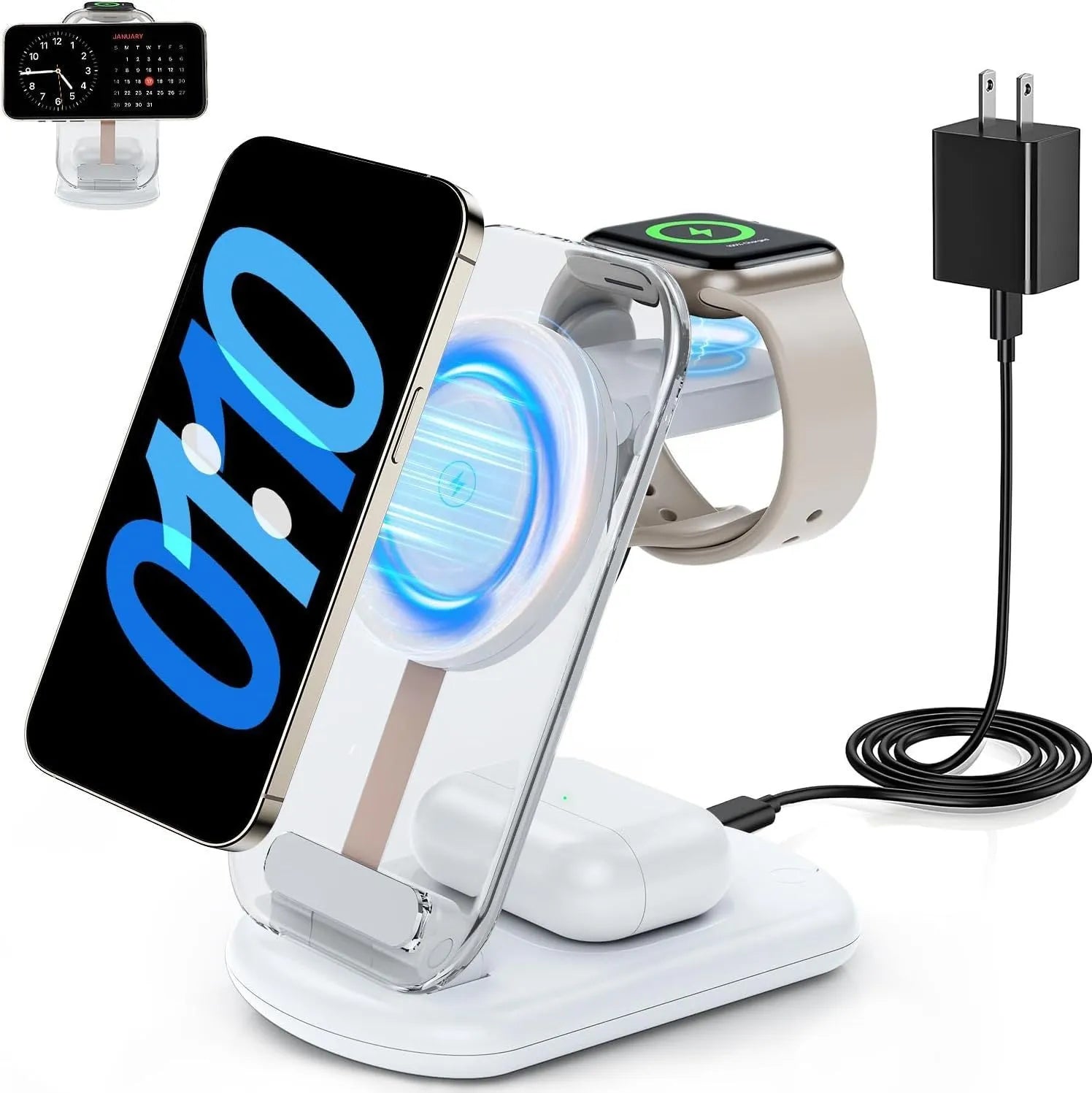 Transparent folding magnetic three-in-one wireless charger in black or white colour