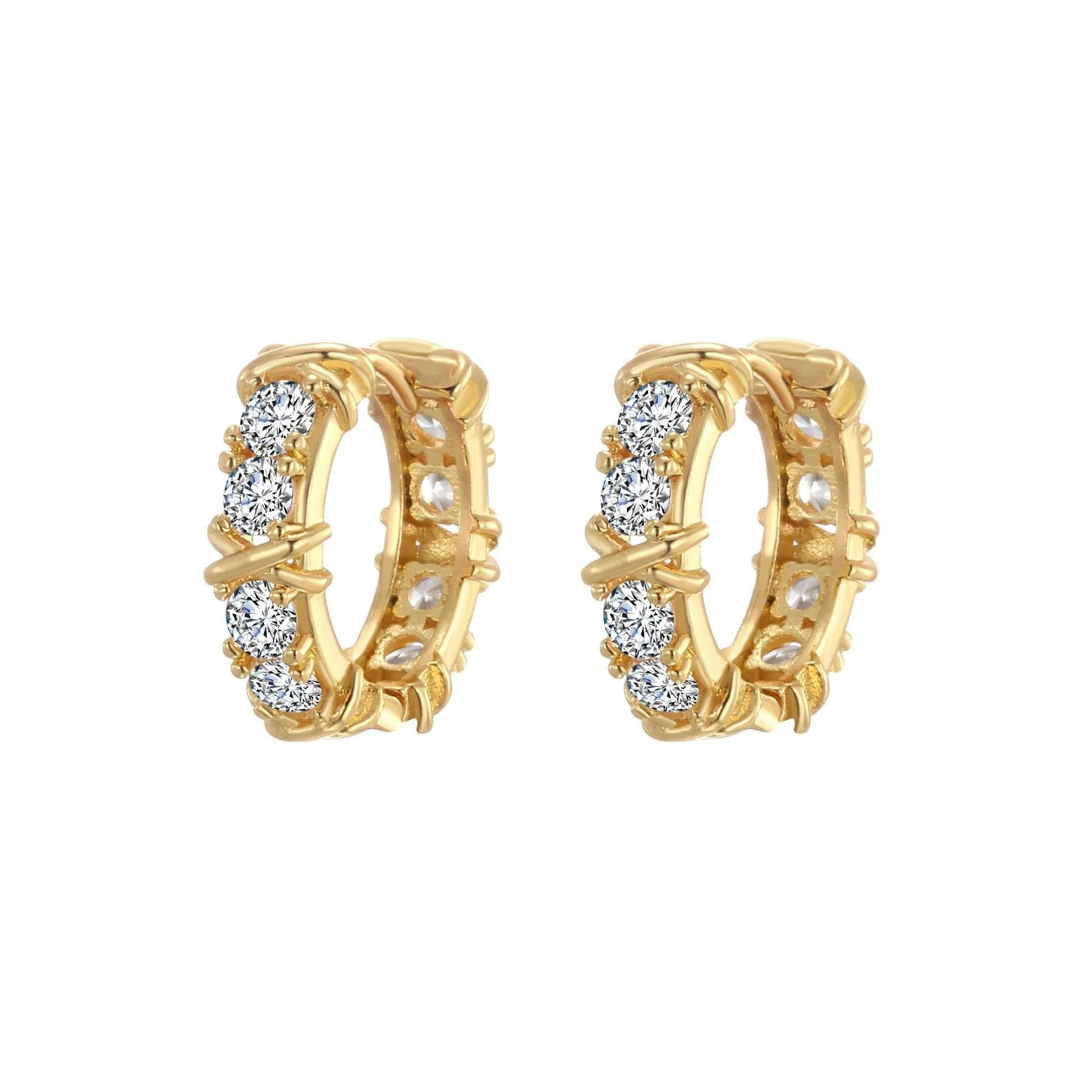 A pair of geometric clover cross earrings with a hexagonal shape in a silver or gold electroplated finish.