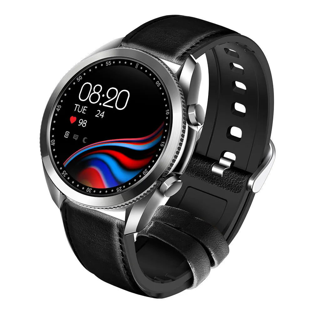 UM90 black smart call watch with leather strap showing heart rate and sports tracking on 1.28-inch screen