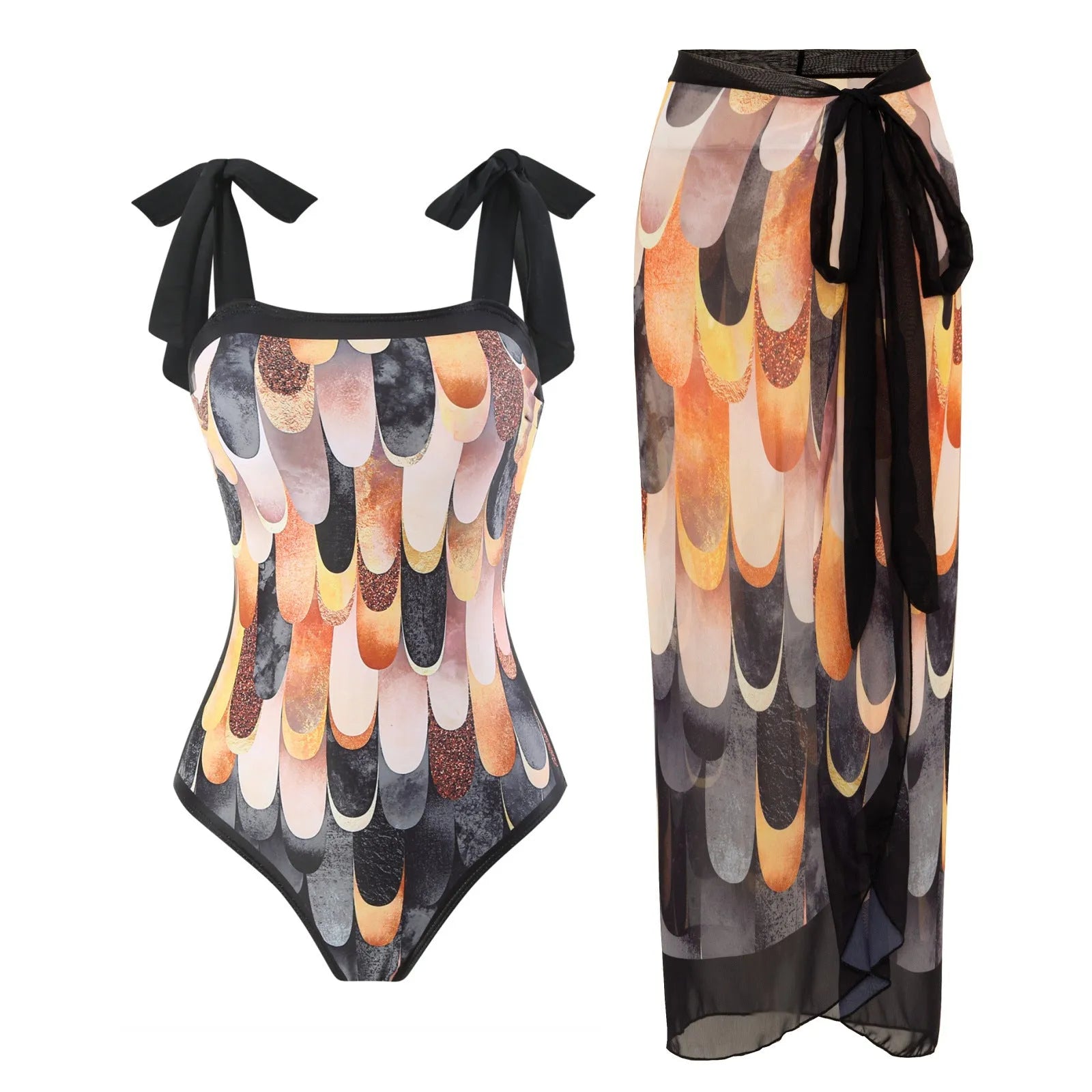Women's retro floral one-piece swimsuit with chiffon skirt in yellow and black feather patterns