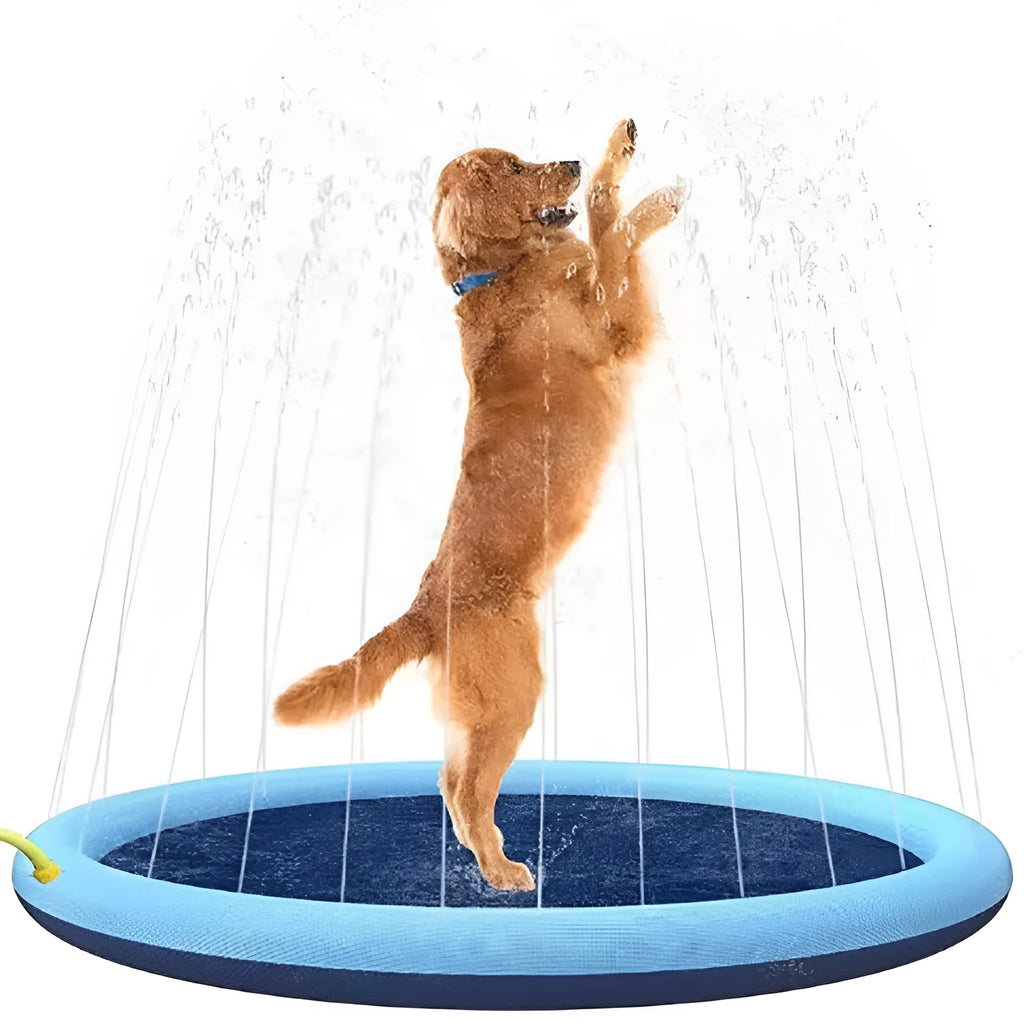 Dog playing on anti-slip inflatable splash pad with integrated sprinkler system outdoors