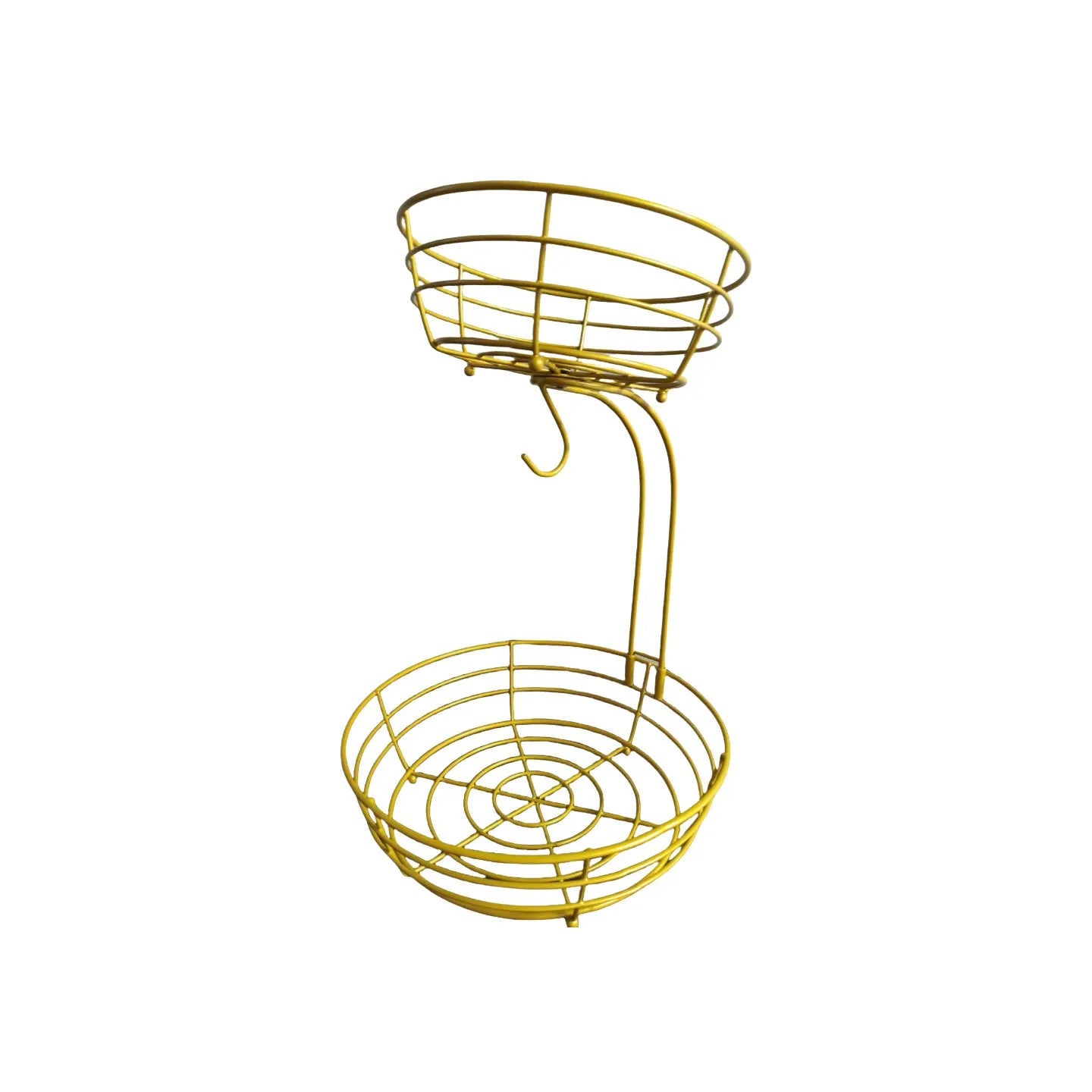 Black wrought iron double-layer fruit basket with open metalwork design