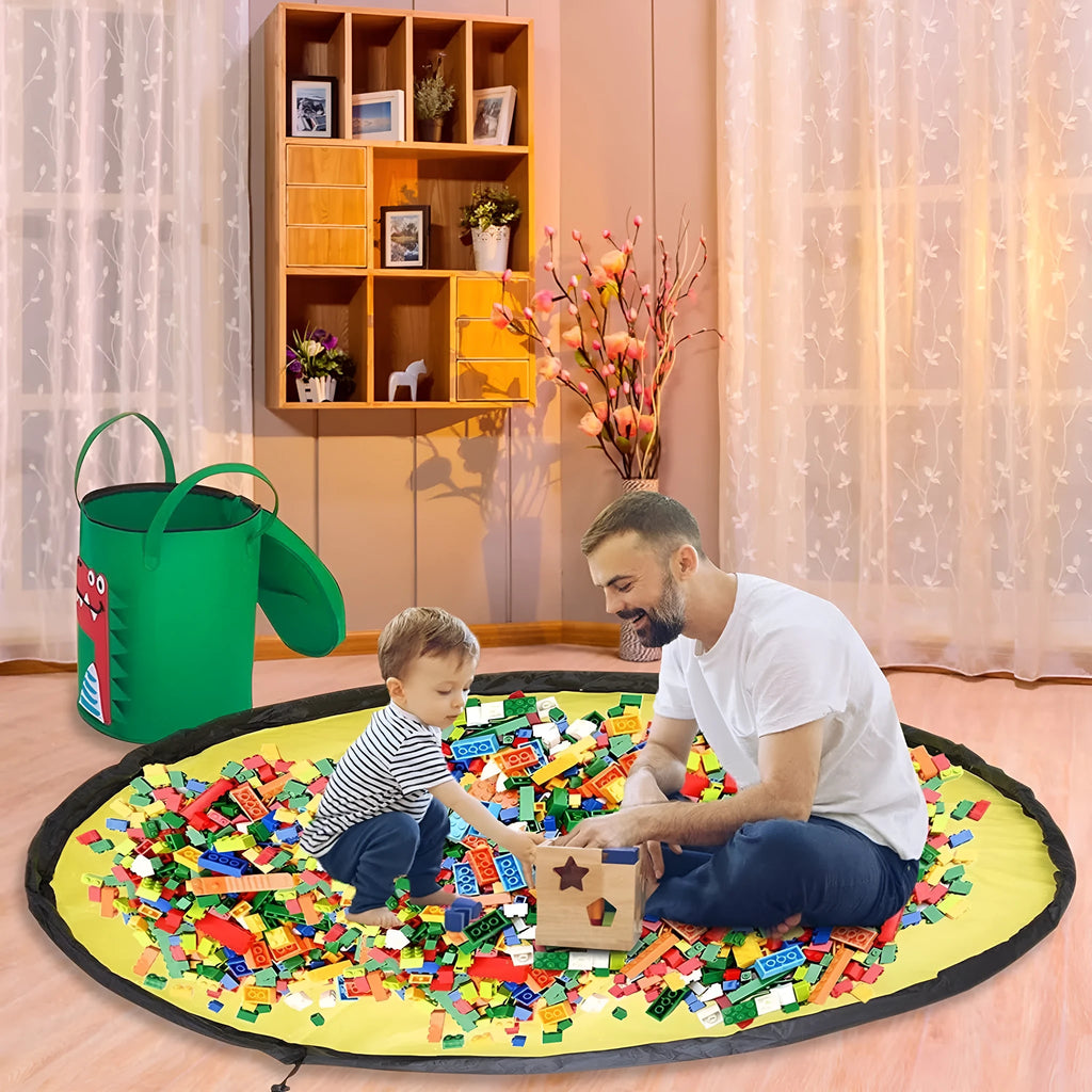 Green felt storage cube with pull rope unfolded as waterproof play mat for children's toys
