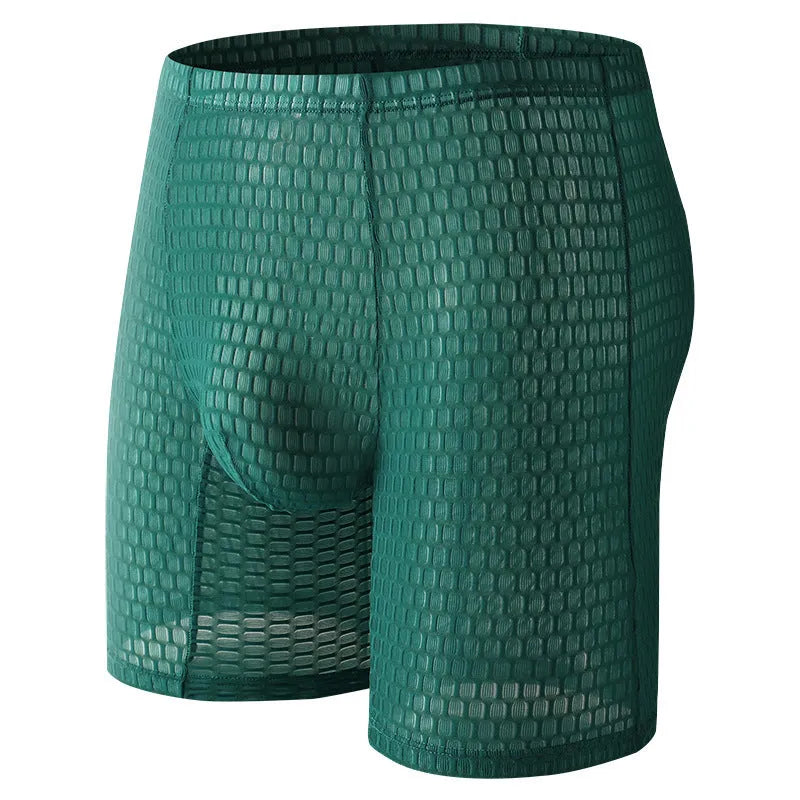 Men's solid colour lace boxer briefs with a lengthened hip-lifting design on a white background.