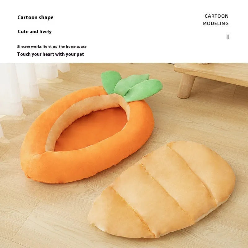Carrot-shaped double-sided cloth pet mat for cats and dogs in carrot colour.