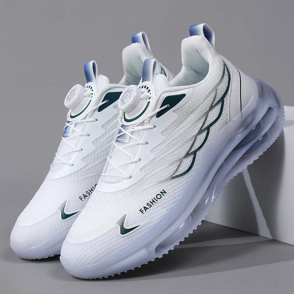 White mesh casual trainers with rotating button lacing system and rubber sole