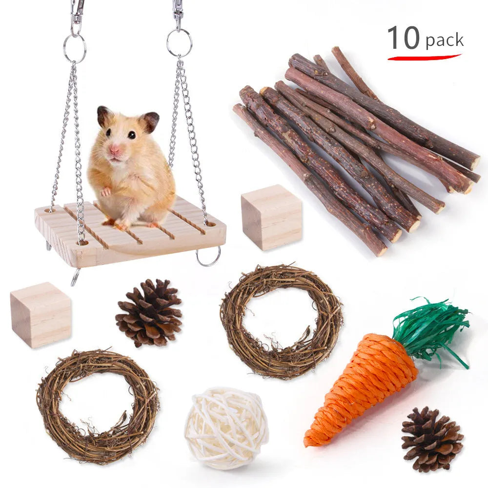 Wooden pet toy set with chewable pieces for rabbits, guinea pigs and parrots