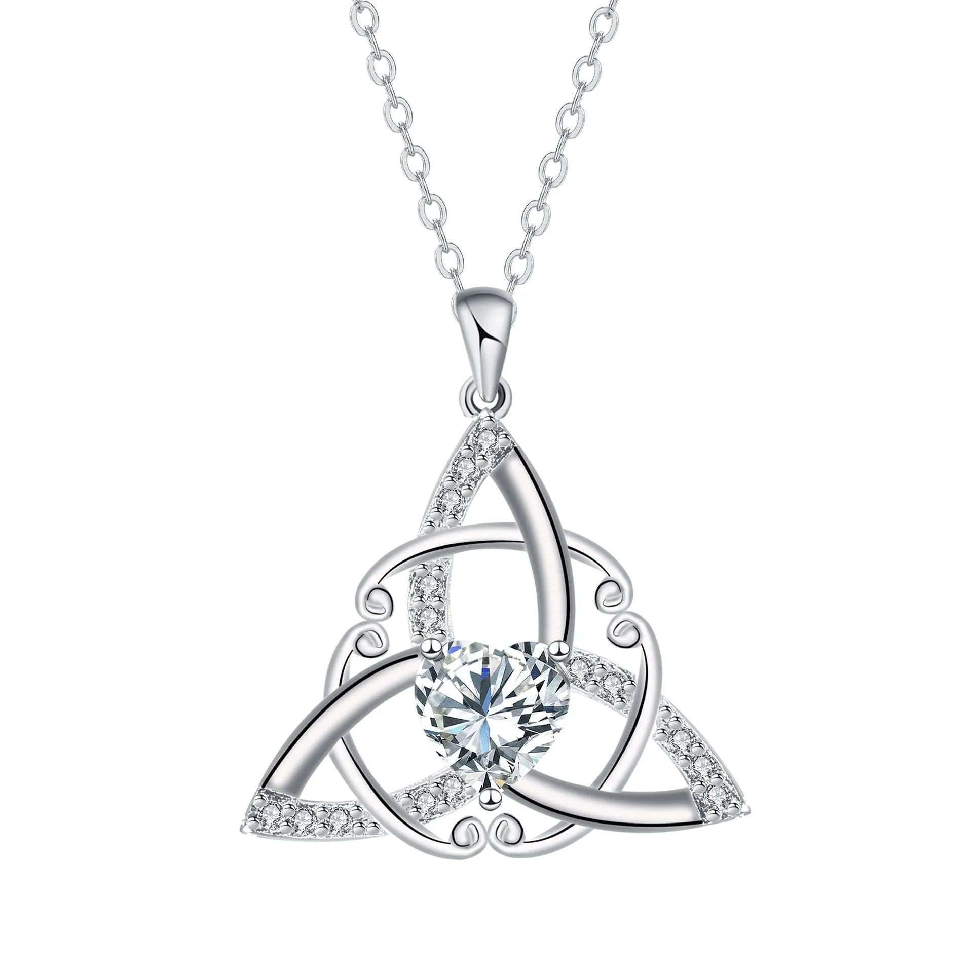 Geometric Celtic knot pendant necklace for women in electroplated copper, showing colour options.