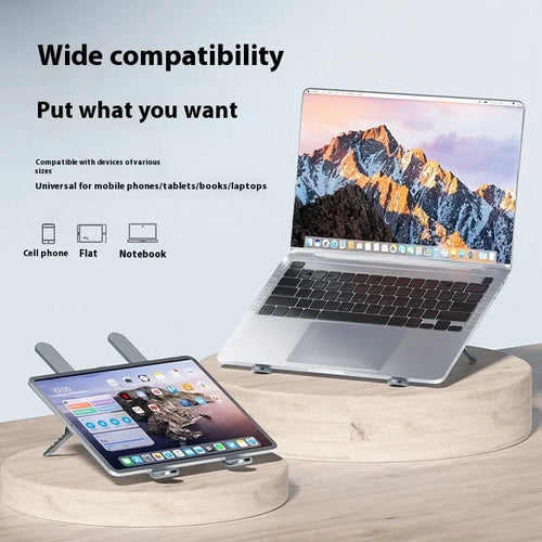 Silver aluminium folding laptop stand with twin cooling fans and adjustable height mechanism