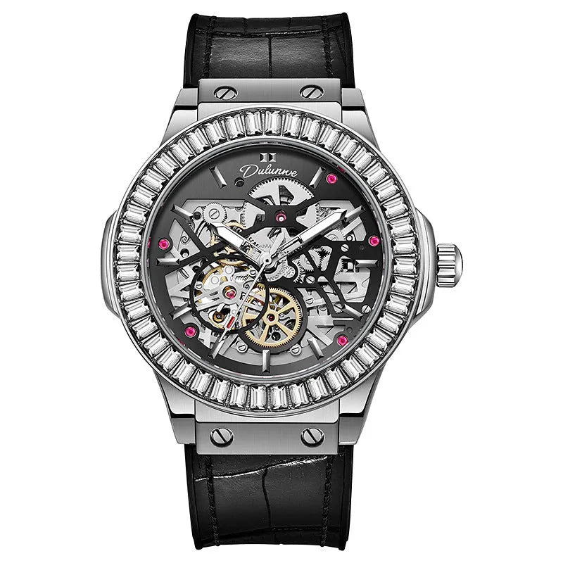 Automatic mechanical men's watch with diamond-studded hollow movement in business styling