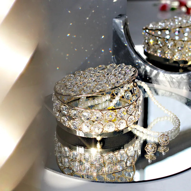 Crystal glass jewellery storage box with French gold metal frame and European design