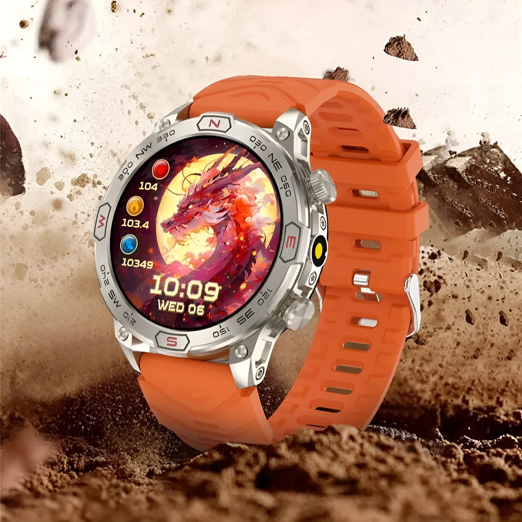 Sports smartwatch with AMOLED display on wrist showing heart rate monitoring interface