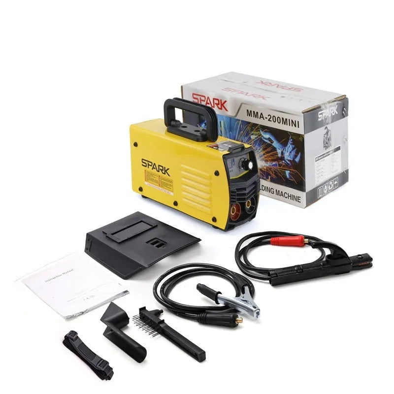 MMA-200MIN DC inverter welding machine with welding tongs, grounding clamp, and face shield