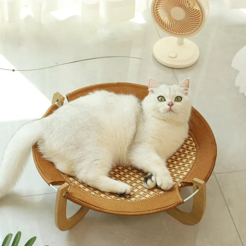 Brown woven rattan pet hammock measuring 46cm square with 17.5cm elevation