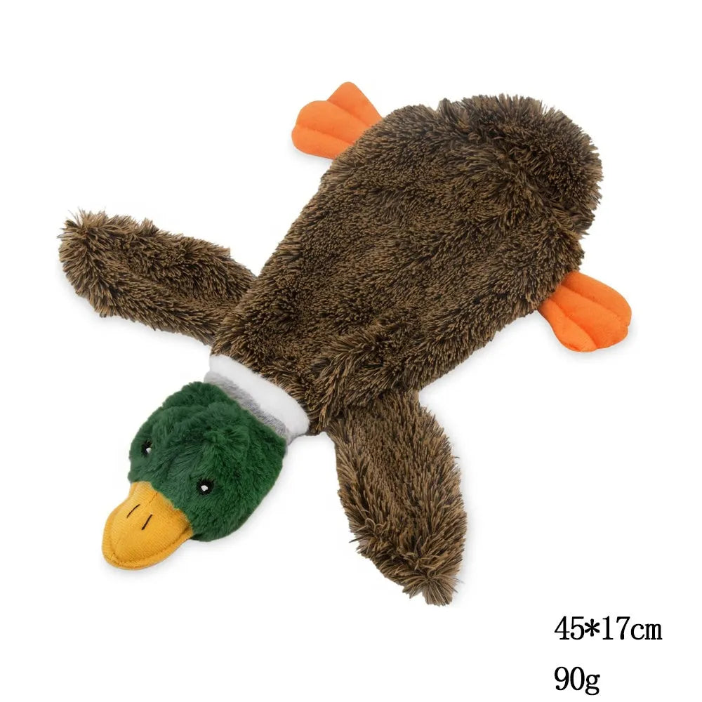 Green wild duck stuffless dog toy with squeakers and bottom opening for bottle insertion