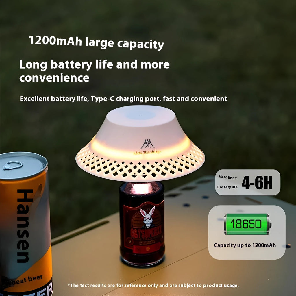 Beige wine bottle shaped rechargeable camping lantern with LED light on a wooden surface.