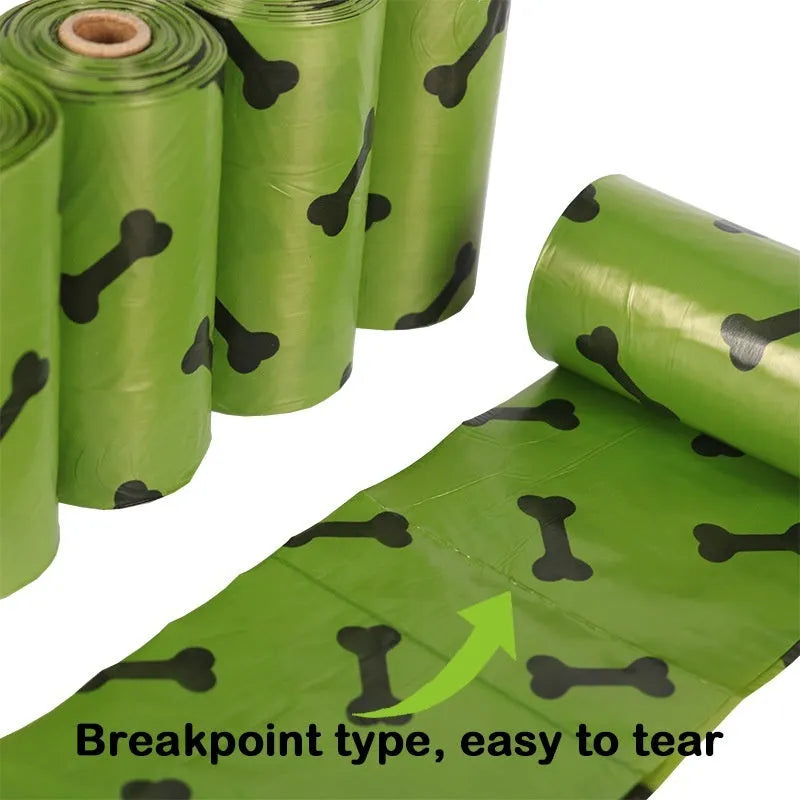 Military green degradable dog poop bags with black bone printing, showing 23x33cm size and roll packaging