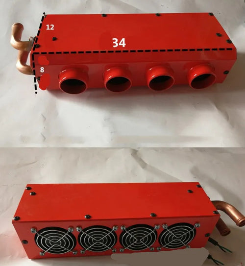 Metal car heater with long copper pipe for 12V or 24V vehicle installation.