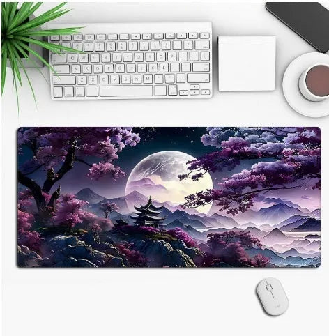 Anime-themed gaming mouse pad on a desk, showing non-slip rubber base and printed cloth surface.
