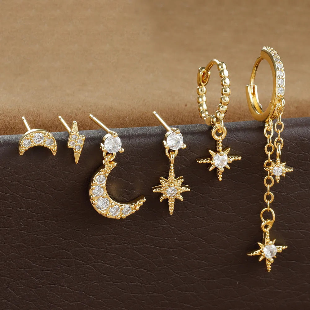 Six gold electroplated chain tassel earrings with zircon studs on copper base