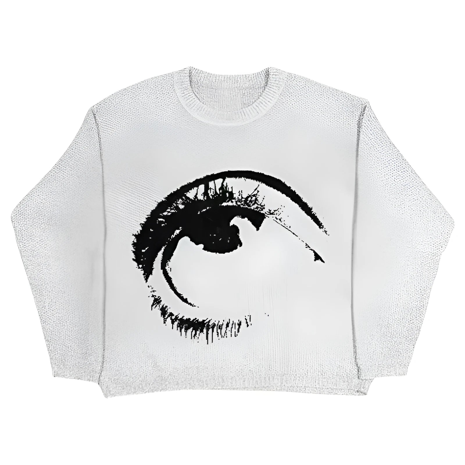Men's grey punk style round neck organic cotton pullover sweater on a hanger.