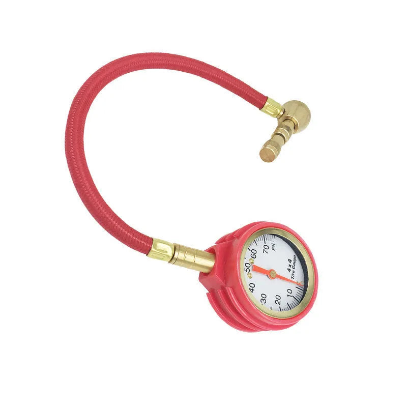 Red and black mechanical tyre pressure gauge with analogue dial and deflation button for cars and SUVs.
