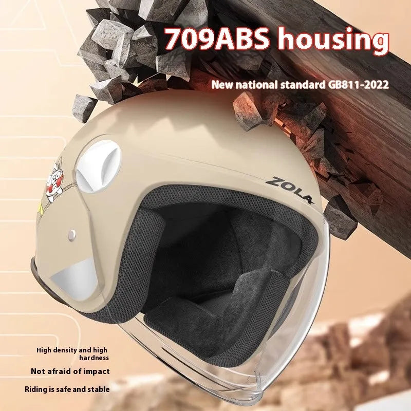 Winter electric bicycle helmet with removable scarf and anti-fog visor in blue colour
