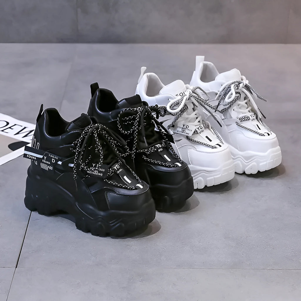 Women's white breathable mesh platform sports shoes with cross strap and rubber sole