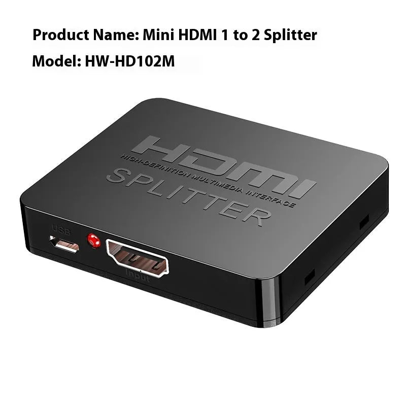 4K HDMI splitter device with one input and two output ports for dual display setup