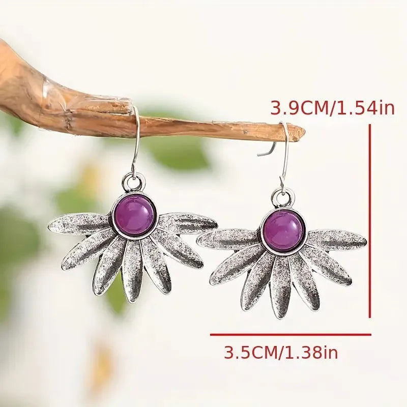 Purple Bohemian drop earrings with resin gemstones and floral animal zodiac designs on alloy settings.