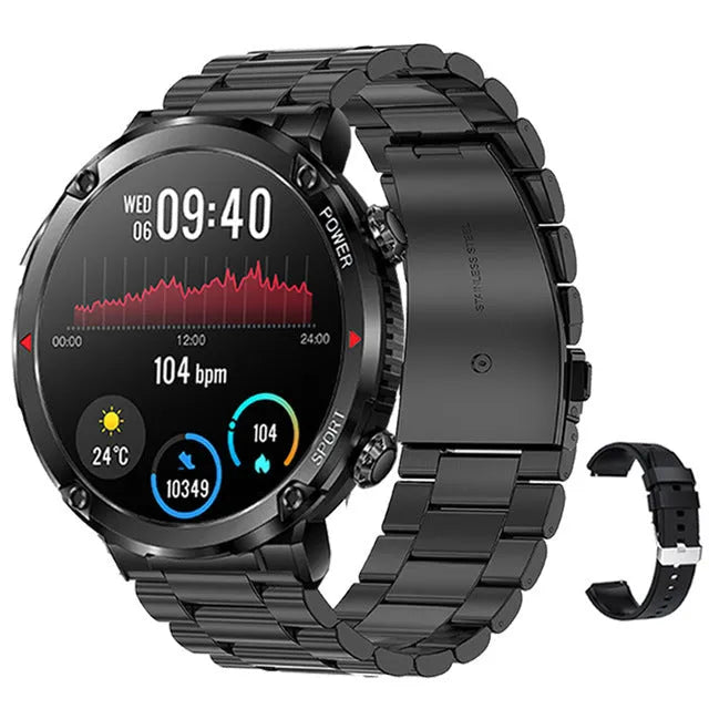 T30 Smart Watch in black on wrist showing display with heart rate and time
