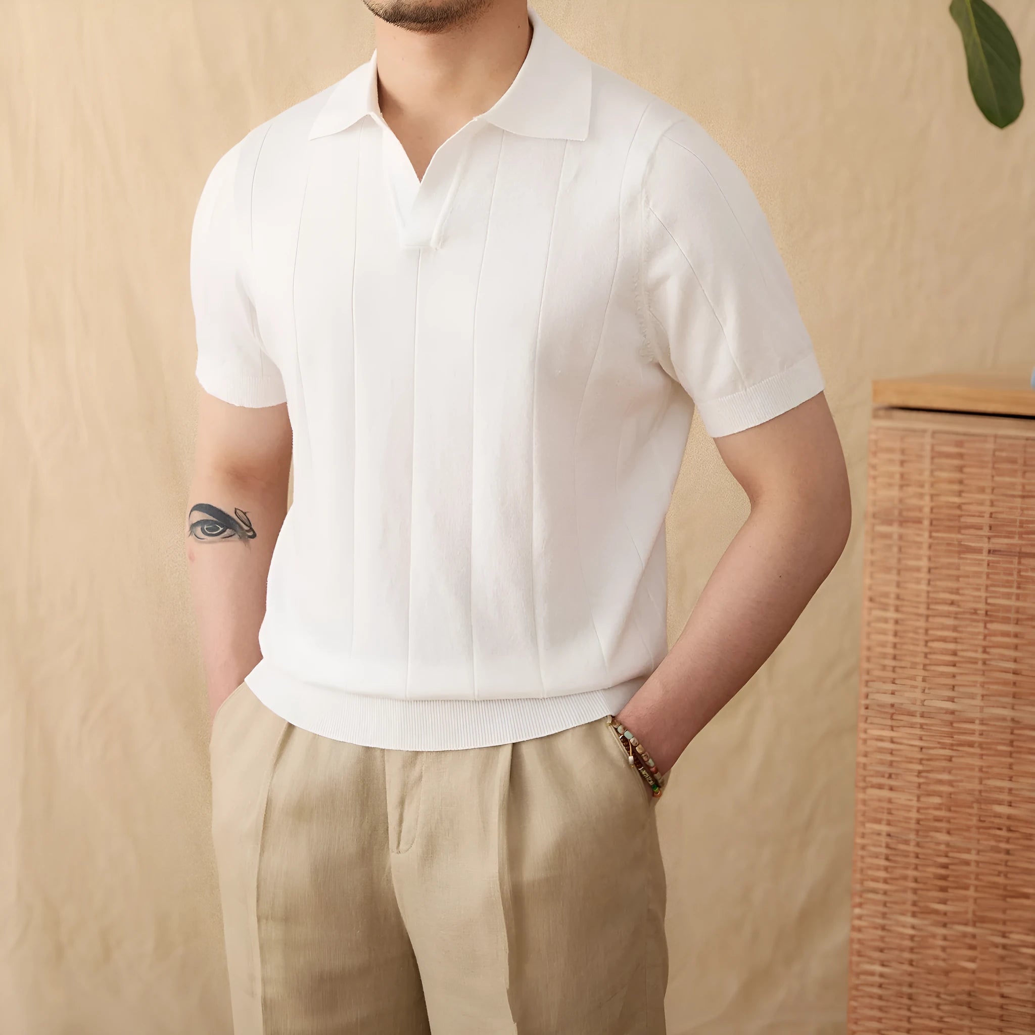 Polo collar short sleeve knitted top in ramie-cotton blend fabric available in multiple colours