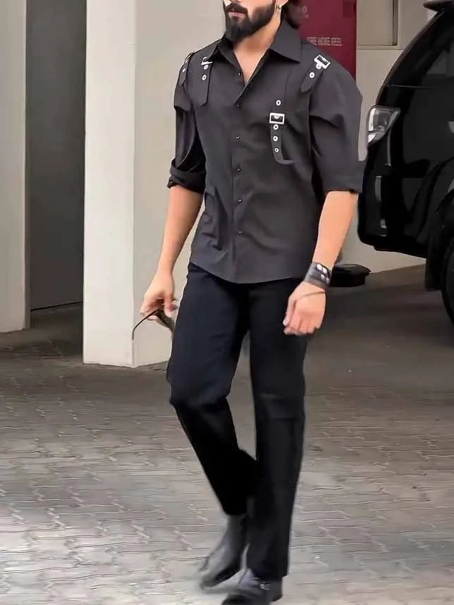 Men's black utility style button-up shirt with button front and regular fit