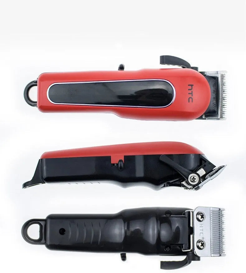 Professional rechargeable hair clipper in black, red, or white with four attachment combs and cleaning accessories.