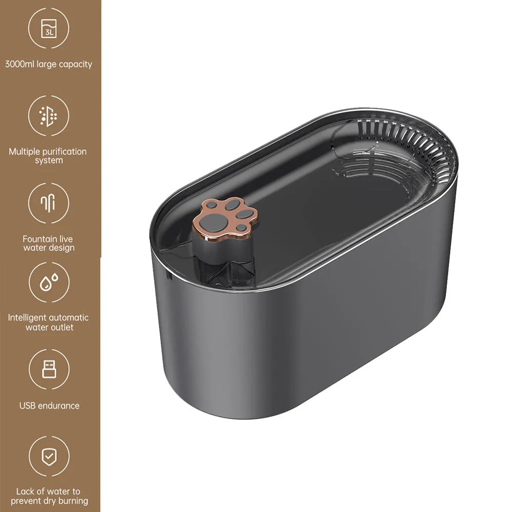 Berlin blue automatic pet water fountain with 3L capacity, filter cartridge, and LED indicator light