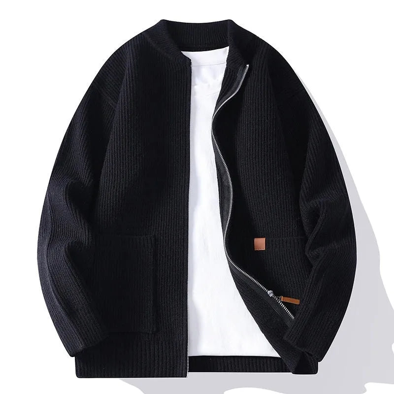Men's beige striped straight fit cardigan jacket on a hanger.