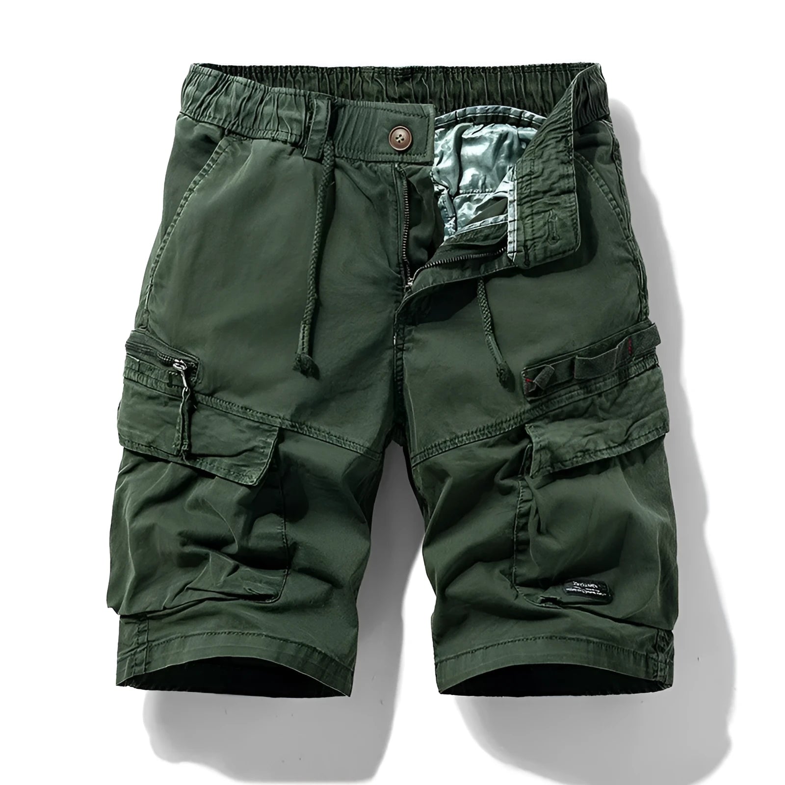 Men's army green cotton shorts with a zip fly and multiple pockets, shown in a Korean-style fifth pants length.