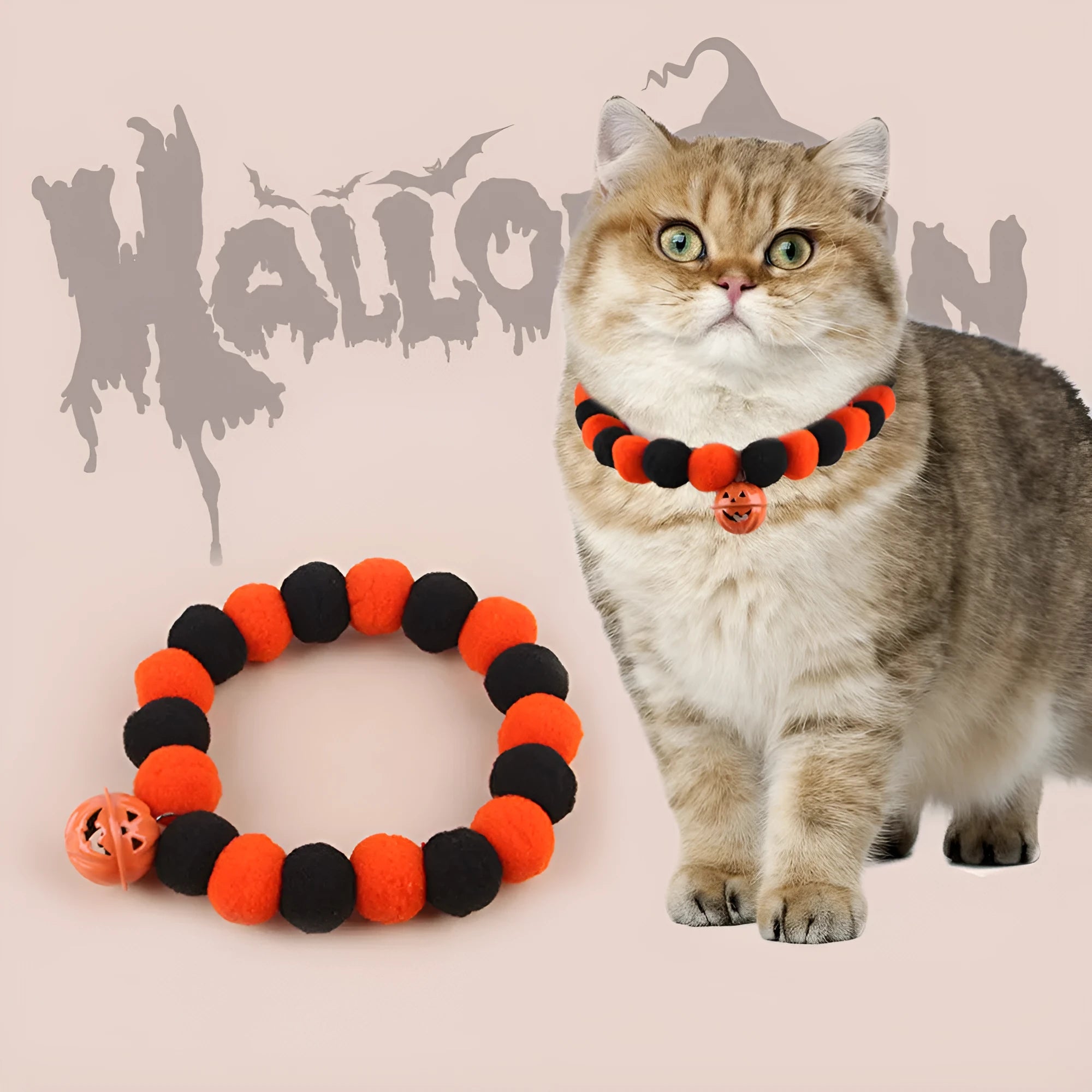 Orange Halloween pumpkin motif cat collar with an adjustable buckle fastener.