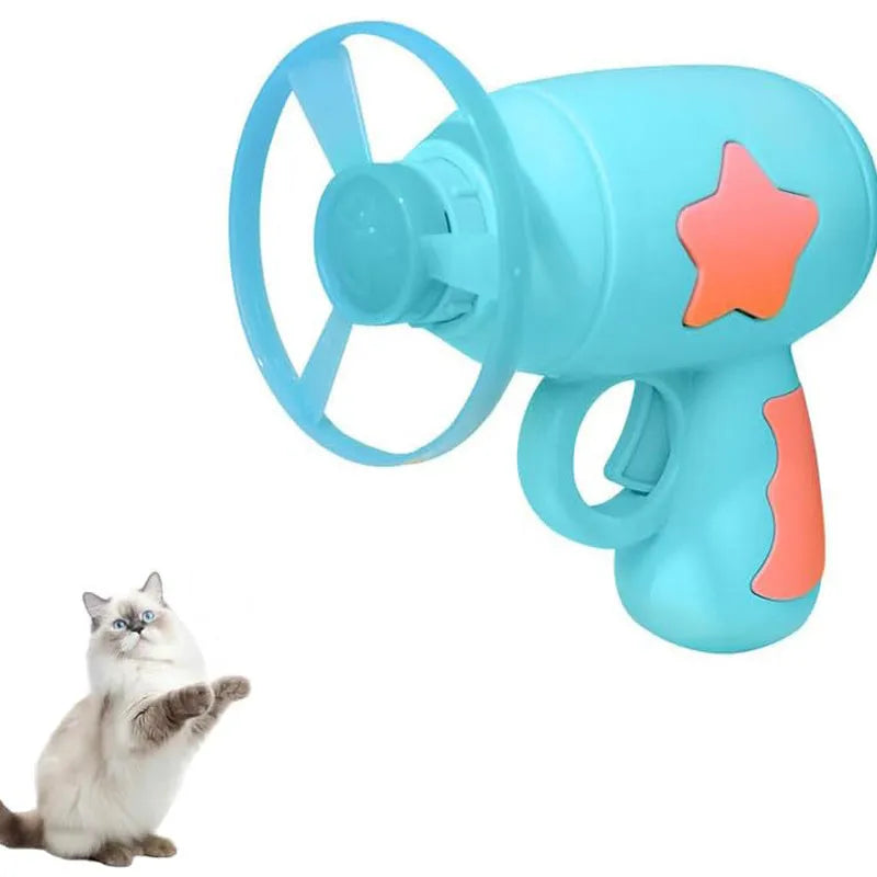 Blue interactive cat toy gun with spinning plastic frisbee for indoor feline play