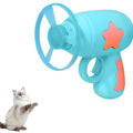 Blue interactive cat toy gun with spinning plastic frisbee for indoor feline play