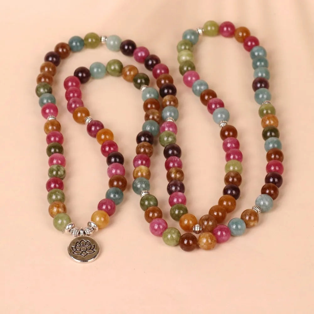 108-bead lotus hanging bracelet with tourmaline beads on adjustable multi-layer alloy string