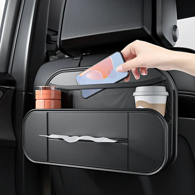 Black genuine leather car seat rear storage bag with dimensions 36cm wide by 24cm tall
