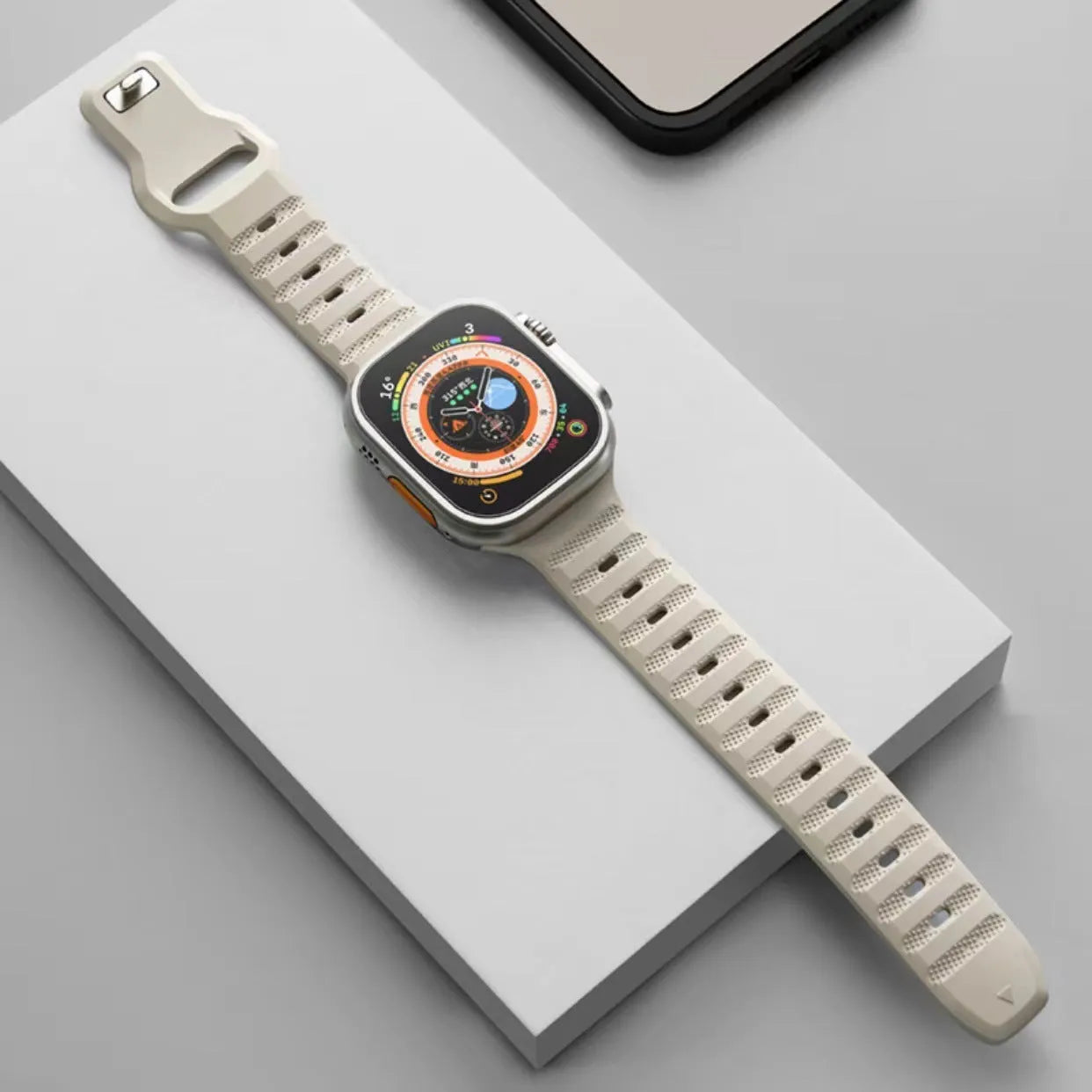 Fluoro rubber watch band with T buckle for Apple Watch, shown in multiple colours.