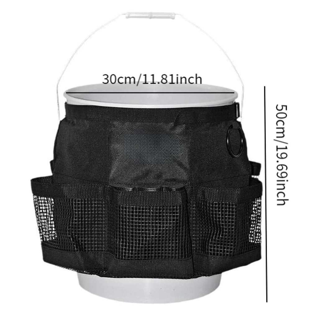 Black cylindrical polyester hanging storage bag shown fitted on a 5 gallon barrel.