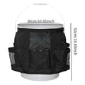 Black cylindrical polyester hanging storage bag shown fitted on a 5 gallon barrel.