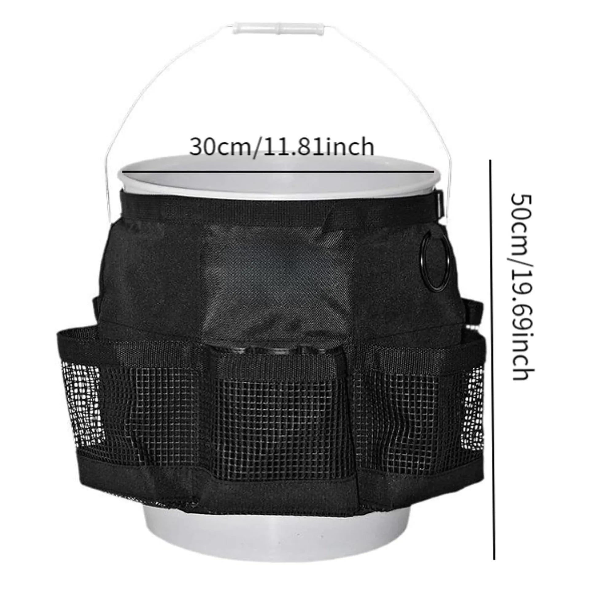 Black cylindrical polyester hanging storage bag shown fitted on a 5 gallon barrel.