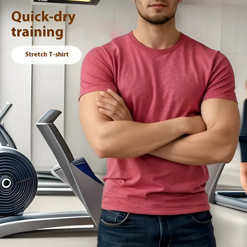 Men's polyester quick-dry stretch t-shirt in black, grey, green or pink colour options